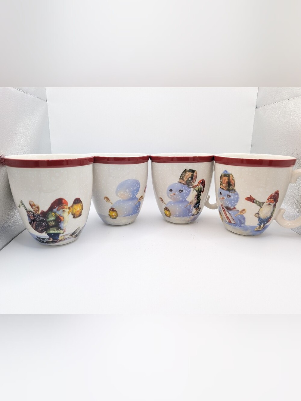 Williams Sonoma NORDIC ELF 4 Pc Christmas Mug Set Building A Snowman in Stages